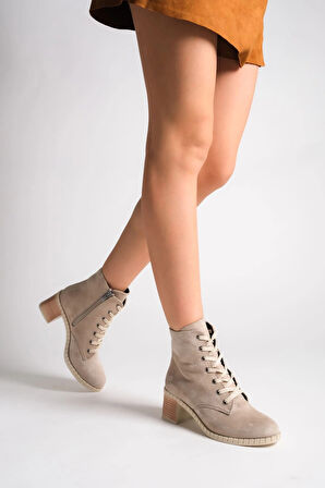 DIANA Bağcıklı Fermuarlı Ortopedik Taban Topuklu Süet Kadın Bot STT - Ten