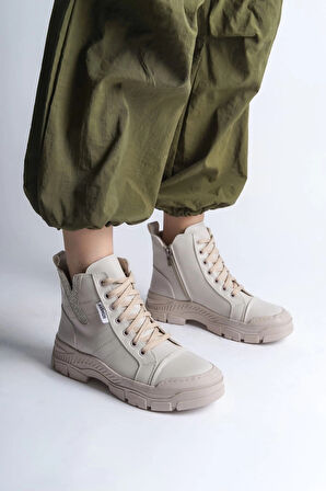 AMBER Bağcıklı Fermuarlı Ortopedik TabanKadın Bot  KT - Krem