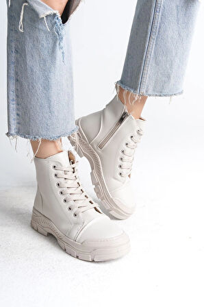 BLOOM Bağcıklı Fermuarlı Ortopedik TabanKadın Bot  KT - Krem