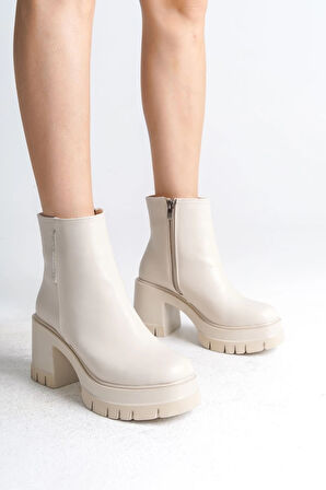 LISSE Fermuarlı Ortopedik Taban Kalın Topuklu Kadın Bot KT - Krem