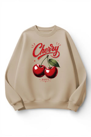 Unisex Yumuşak Dokulu Retro Cherry Baskılı Tasarım Oversize 3 İplik Bisiklet Yaka Sweatshirt