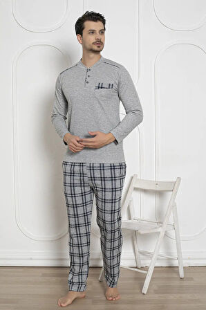 Erkek Ekose Desen Likralı Pamuk Uzun Kol Kışlık İnterlok Göğüs Cepli Pijama Takımı 