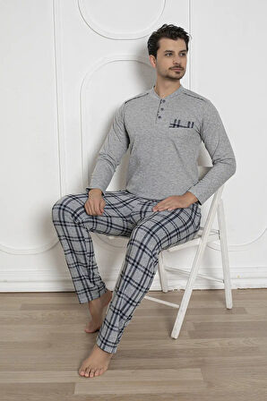 Erkek Ekose Desen Likralı Pamuk Uzun Kol Kışlık İnterlok Göğüs Cepli Pijama Takımı 