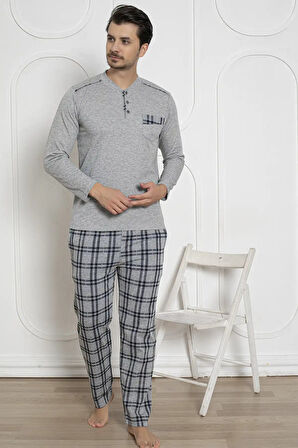 Erkek Ekose Desen Likralı Pamuk Uzun Kol Kışlık İnterlok Göğüs Cepli Pijama Takımı 