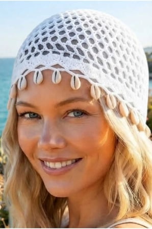 Tezzgelsin Kadın Deniz Kabuklu Örgü Bandana Bere File Dokulu Bohem Plaj ve Yazlık Şapka