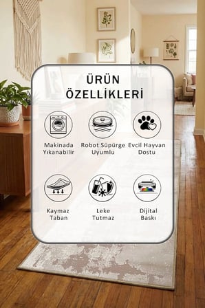 Ceren Vizon Yıkanabilir Yolluk Halı Kaymaz Taban Salon Mutfak Vizon