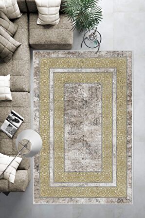 Gold-Krem Deko Deri Kaymaz Taban Modern Salon Halısı B1177