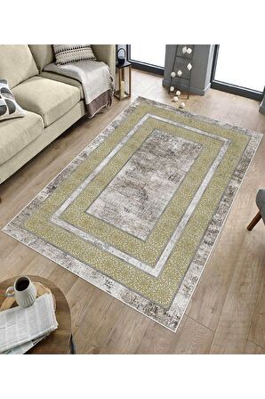 Gold-Krem Deko Deri Kaymaz Taban Modern Salon Halısı B1177