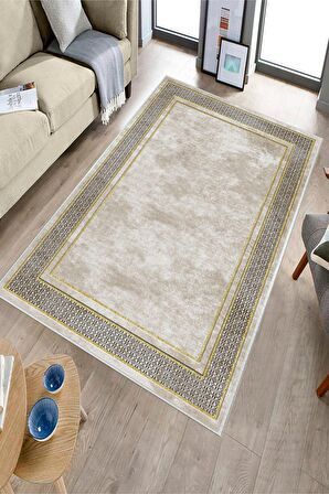 Krem-Gold Deko Deri Kaymaz Taban Salon-Hol Saçaksız Halı B1181