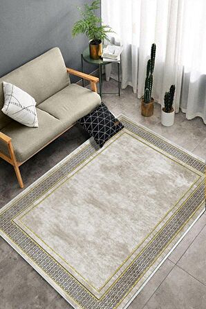 Krem-Gold Deko Deri Kaymaz Taban Salon-Hol Saçaksız Halı B1181