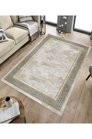 Krem-Gold Deko Deri Kaymaz Taban Salon-Hol Saçaksız Halı B1181