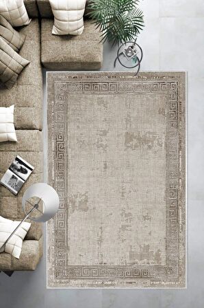 Bej-Vizon Deko Deri Kaymaz Taban Vintage Salon Saçaksız Halı B1196