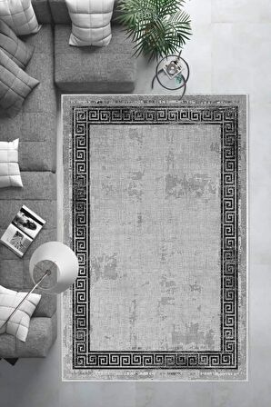Gri Deko Deri Kaymaz Taban Vintage Versace Salon Saçaksız Halı B1198