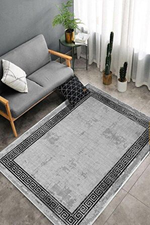 Gri Deko Deri Kaymaz Taban Vintage Versace Salon Saçaksız Halı B1198