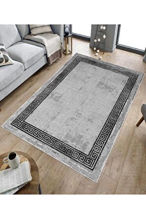Gri Deko Deri Kaymaz Taban Vintage Versace Salon Saçaksız Halı B1198