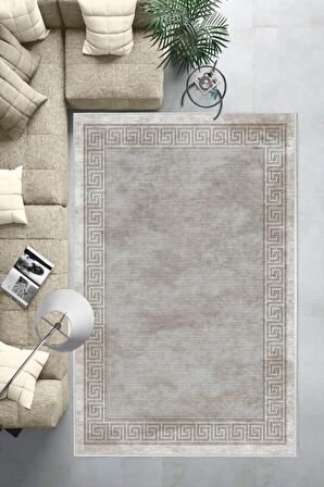 Bej Deko Deri Kaymaz Taban Versace Çizgi Salon Saçaksız Halı B1199