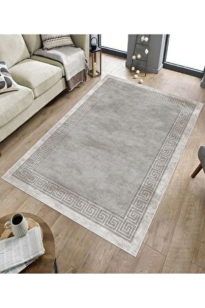 Bej Deko Deri Kaymaz Taban Versace Çizgi Salon Saçaksız Halı B1199