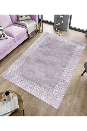 Lila Deko Deri Kaymaz Taban Versace Çizgi Salon Saçaksız Halı B1200