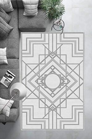 Gri Deko Deri Kaymaz Taban Lobohemart Salon Saçaksız Halı B1203