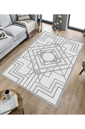 Gri Deko Deri Kaymaz Taban Lobohemart Salon Saçaksız Halı B1203