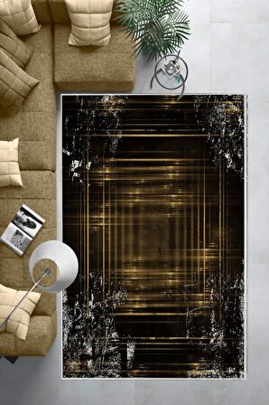 Gold Deko Deri Kaymaz Taban Işıltılı Salon Saçaksız Halı B1206