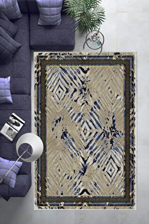Lacivert Deko Deri Kaymaz Taban Versace Salon Saçaksız Halı B1208
