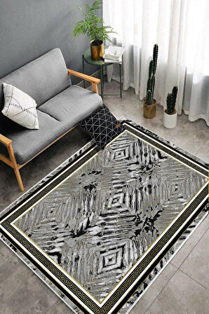 Siyah Dot Keçe Kaymaz Taban Versace Salon Saçaksız Halı B1210