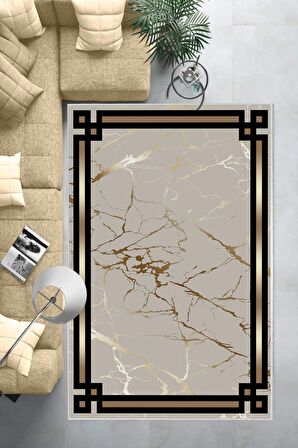 Gold Deko Deri Kaymaz Taban Çerçeve Salon Saçaksız Halı B1212