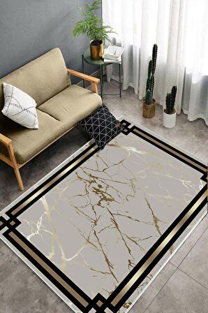 Gold Deko Deri Kaymaz Taban Çerçeve Salon Saçaksız Halı B1212