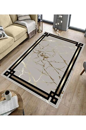 Gold Deko Deri Kaymaz Taban Çerçeve Salon Saçaksız Halı B1212