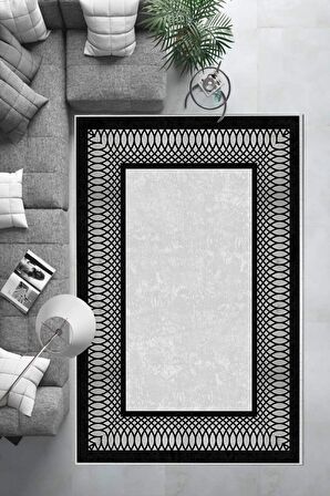 Gümüş-Siyah Deko Deri Kaymaz Taban Çerçeve Salon Saçaksız Halı B1229