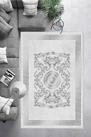 Gri Deko Deri Kaymaz Taban Göbekli Salon Saçaksız Halı B1237