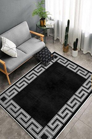 Siyah-Gümüş Deko Deri Kaymaz Taban Versace Salon Saçaksız Halı B1240