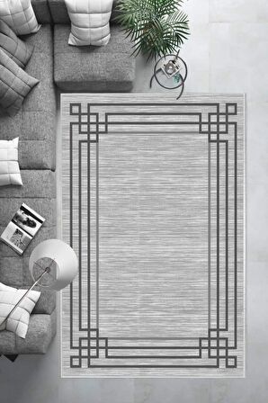 Gri Deko Deri Kaymaz Taban Çerçeve Salon Saçaksız Halı B1242