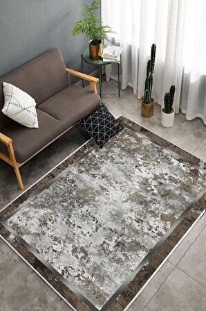 Kahverengi Deko Deri Kaymaz Taban Modern Salon Saçaksız Halı B1244