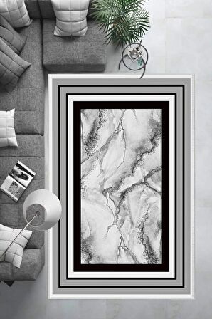 Gri Deko Deri Kaymaz Taban Çerçeve Salon Saçaksız Halı B1261