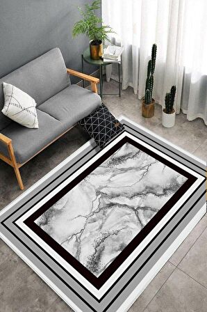 Gri Deko Deri Kaymaz Taban Çerçeve Salon Saçaksız Halı B1261