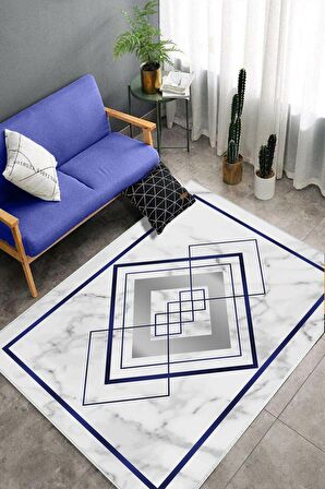 Lacivert Deko Deri Kaymaz Taban Modern Salon Saçaksız Halı B1263