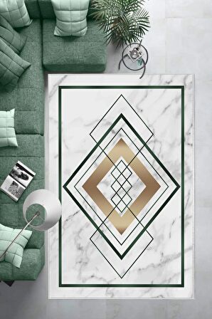 Yeşil Deko Deri Kaymaz Taban Modern Salon Saçaksız Halı B1264