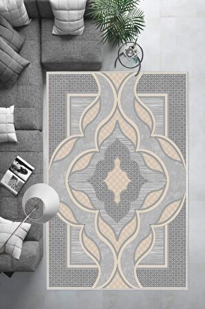 Gri Deko Deri Kaymaz Taban Göbekli Salon Saçaksız Halı B1270
