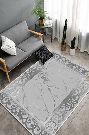 Gri Dekor Deri Kaymaz Taban DekorÇerçeve Salon Saçaksız Halı B1276