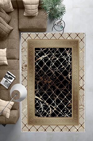 Vizon-Siyah Deko Deri Kaymaz Taban Versace Salon Saçaksız Halı B1277