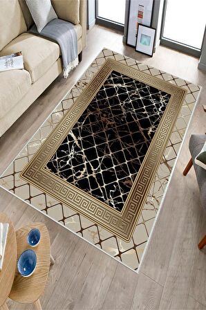 Vizon-Siyah Deko Deri Kaymaz Taban Versace Salon Saçaksız Halı B1277