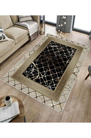 Vizon-Siyah Deko Deri Kaymaz Taban Versace Salon Saçaksız Halı B1277