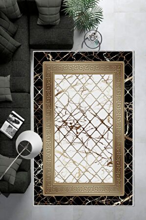 Siyah-Beyaz Deko Deri Kaymaz Taban Versace Salon Saçaksız Halı B1279