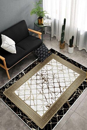 Siyah-Beyaz Deko Deri Kaymaz Taban Versace Salon Saçaksız Halı B1279