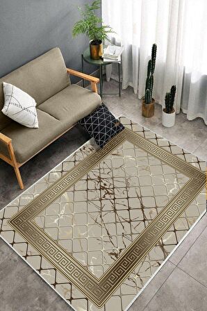 Vizon-Gold Deko Deri Kaymaz Taban Versace Salon Saçaksız Halı B1280