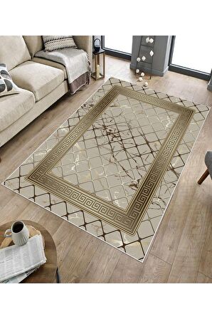 Vizon-Gold Deko Deri Kaymaz Taban Versace Salon Saçaksız Halı B1280