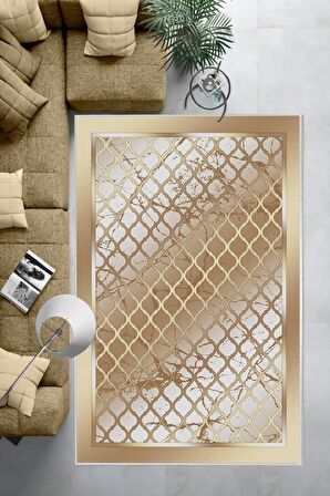 Gold Deko Deri Kaymaz Taban Modern Salon Saçaksız Halı B1283