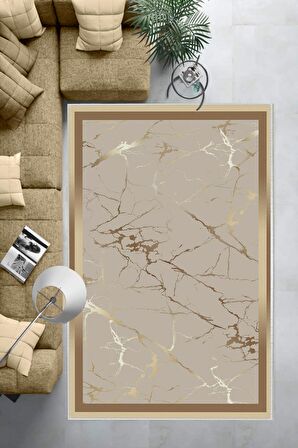 Gold-Vizon Deko Deri Kaymaz Taban Çerçeve Salon Saçaksız Halı B1286